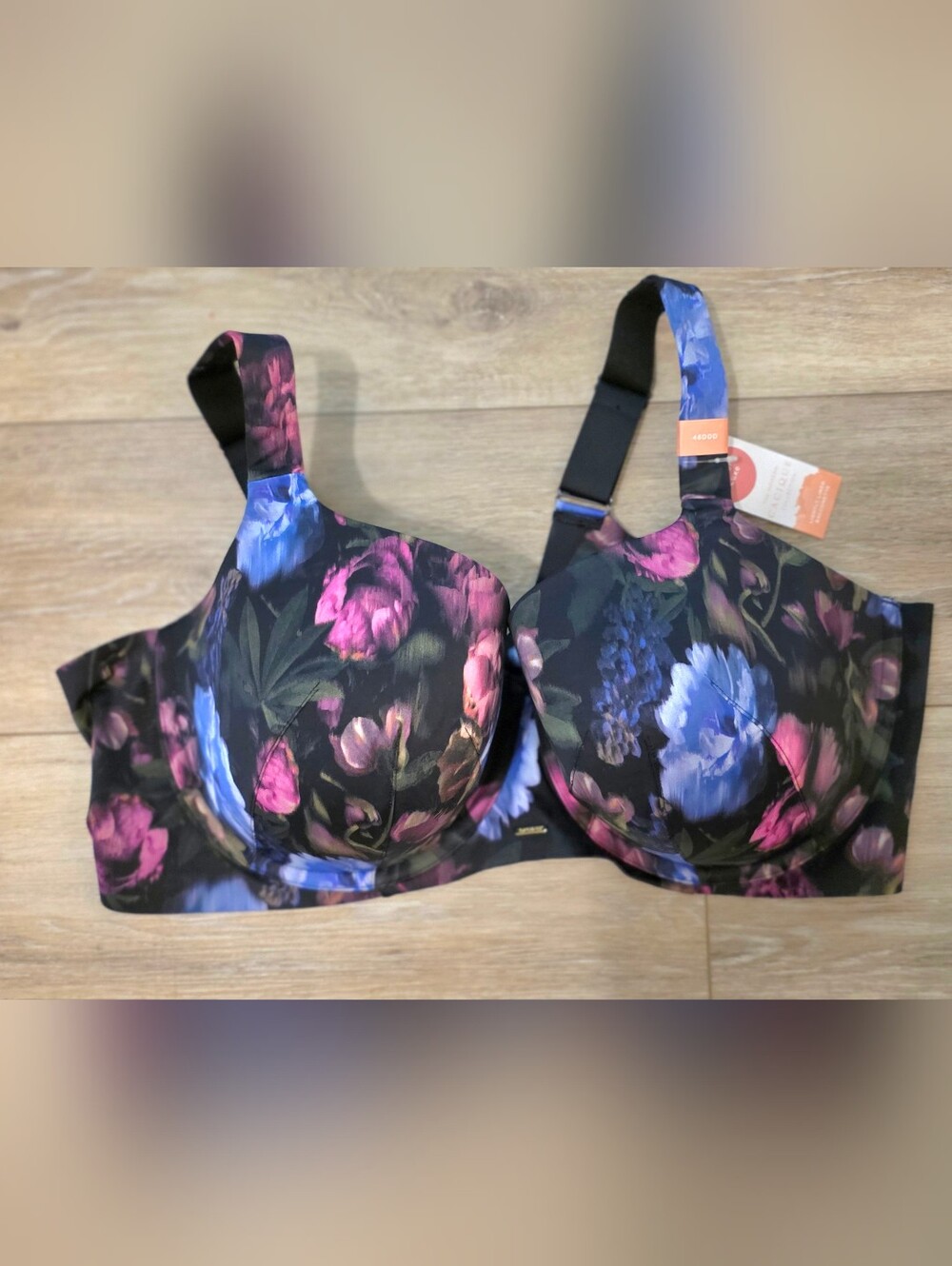 CaciqueFloral Full-Coverage Underwire Bra in Black with Pink & Blue Floral Print
